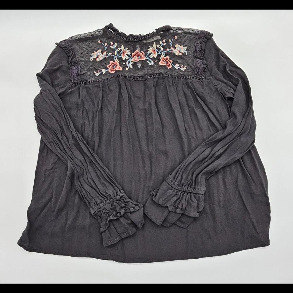 ALTAR'D STATE Women's Black Floral Embroidered Boho Long Sleeve Top Small